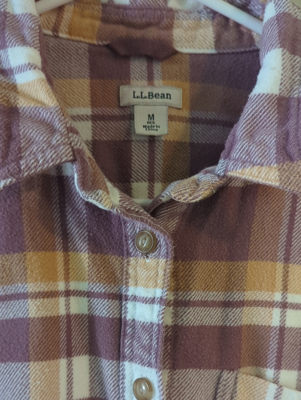 L.L. Bean Women's Plaid Button-Down Shirt in Purple, Yellow, And White Hues